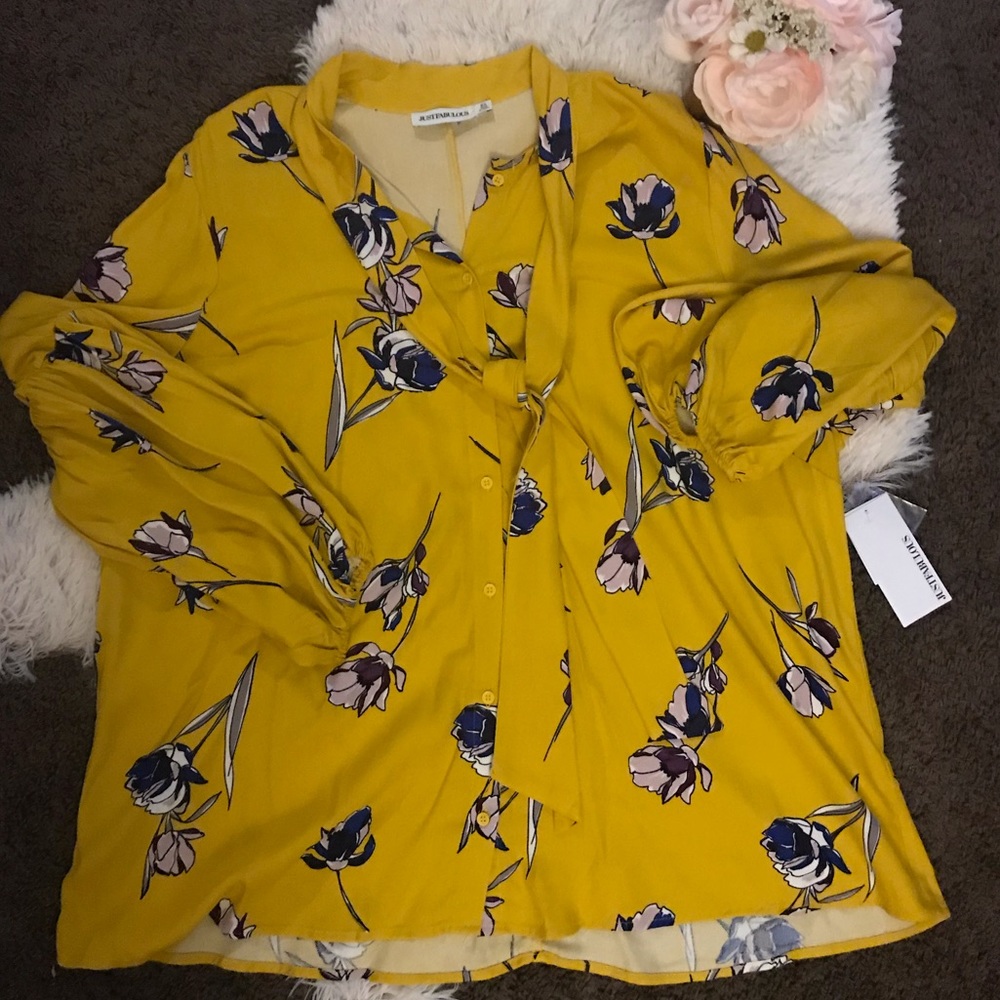 JustFab mustard yellow floral button up blouse